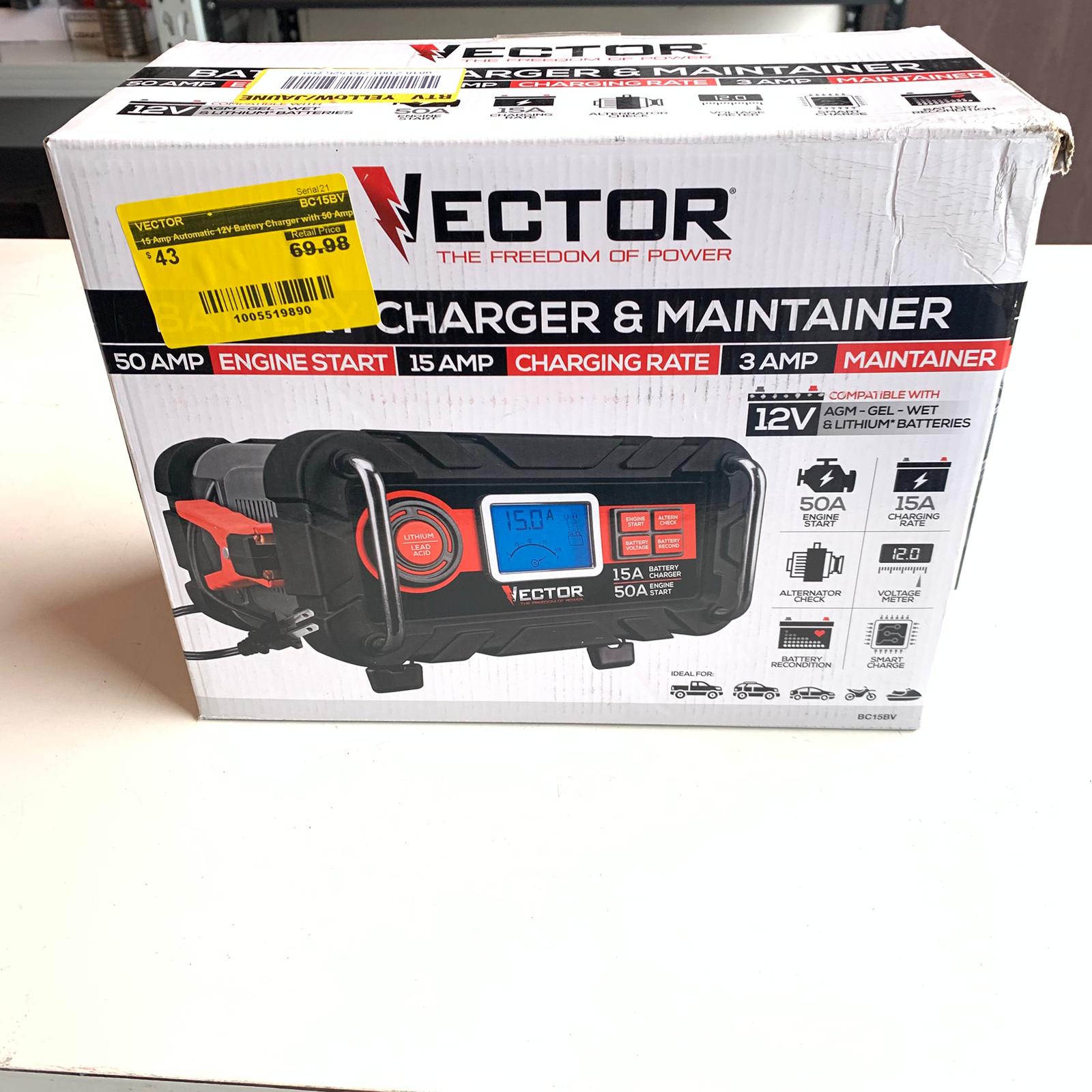 15 Amp Automatic 12V Battery Charger with 50 Amp Engine Start and Alternator Check (BC15BV) 15 Amp Automatic 12V Battery Charger with 50 Amp Engine Start and Alternator Check (BC15BV)